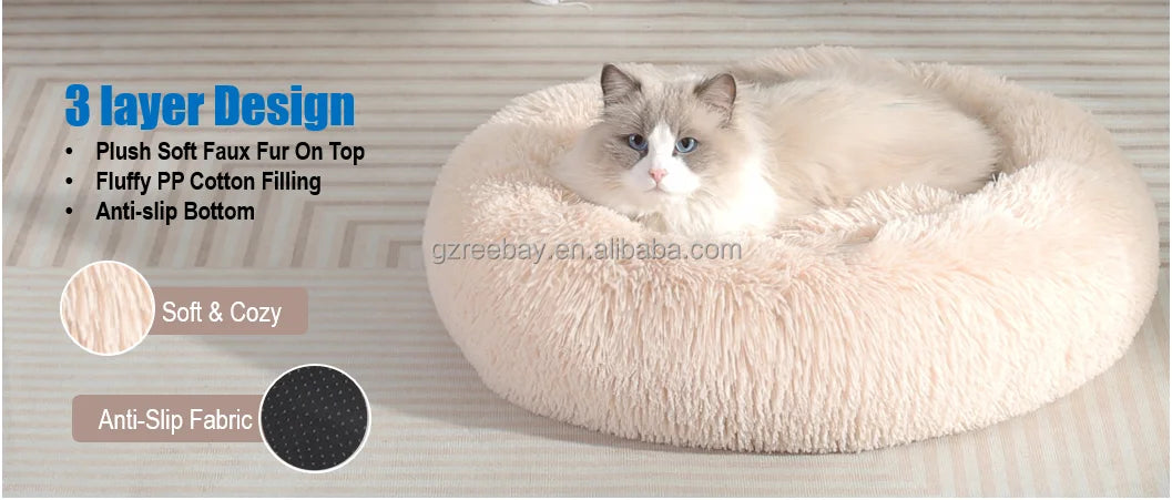 Nice Quality Drop Shipping Cute Animal Fluffy Dog Bed Premium Plush Donut Calming Bed for Pet